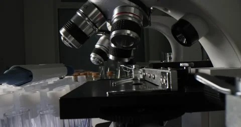Microscopes with glass slides and test tubes in chemical laboratory closeup 4k Stock Footage 236618169