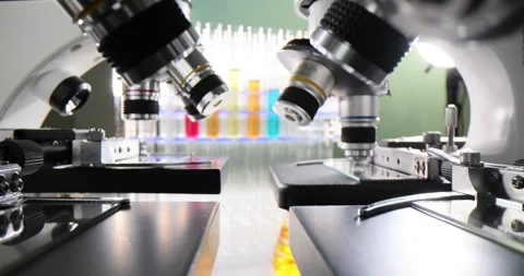 Microscopes stand in laboratory ready for research Stock Footage 278674905