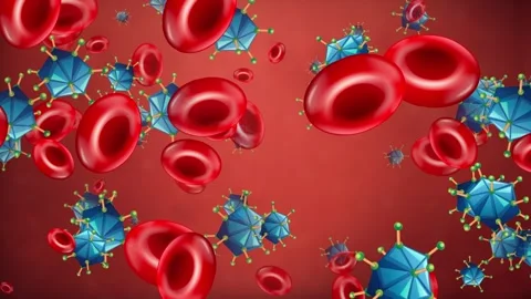 Microscopic Animated Background of Red Blood Cells and Blue Virus Particles Stock Footage 341537383