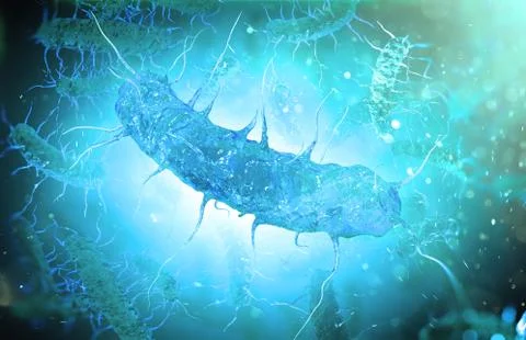 Microscopic bacteria on blue background, 3d illustration Illustrazione stock
