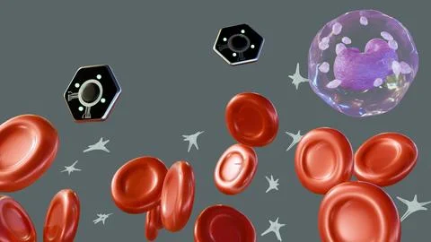 Microscopic hexagonal sensors floating amongst erythrocytes and leukocytes Stock Illustration