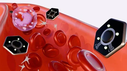 Microscopic hexagonal sensors floating amongst erythrocytes and leukocytes Stock Illustration