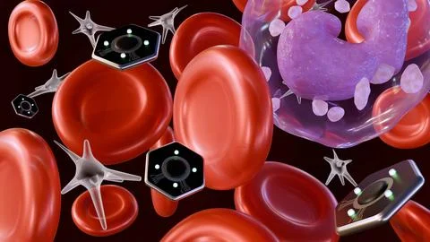 Microscopic hexagonal sensors floating amongst erythrocytes and leukocytes Stock Illustration