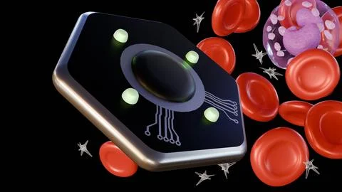 Microscopic hexagonal sensors floating amongst erythrocytes and leukocytes Stock Illustration