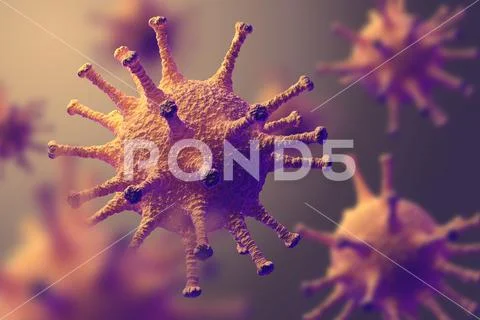 Microscopic macro view of virus in fluid - flu or infection concept, 3D illus Stock Illustration