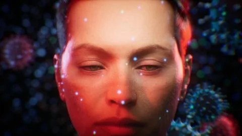 Microscopic view of airborne pathogens around frowning woman, virus spread Stock Illustration