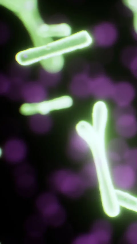 Microscopic view of bacteria with bright colors in a dark background Stock Footage 334885403