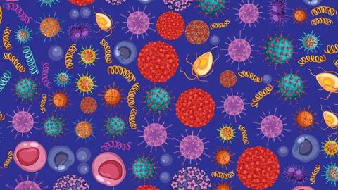 Microscopic View of Diverse Bacteria and Virus Pathogens Vector Pattern Illustrazione stock