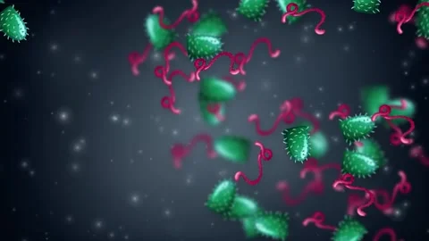 Microscopic View of Green Spiky Bacteria and Pink Viral Strands Floating Stock Footage 341558488