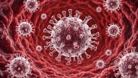 Microscopic view of multiple coronavirus cells floating inside a human vess.. 스톡 일러스트
