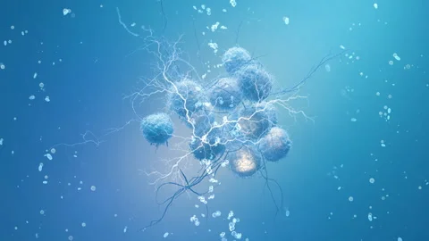 Microscopic View of Neurons: Electric Impulses in Blue Cellular Environment Stock Footage 339051191