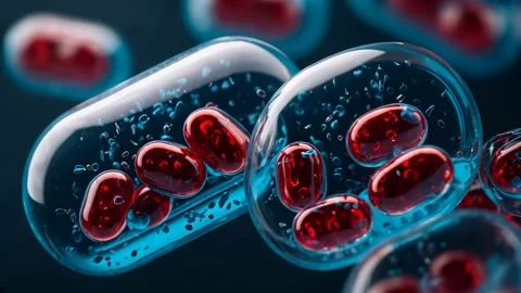 Microscopic view of red blood cells encapsulated within transparent, gel-like ca Stock Footage 297664817