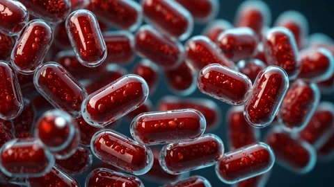 Microscopic view of red blood cells encapsulated within transparent, gel-like ca Stock Footage 297664854
