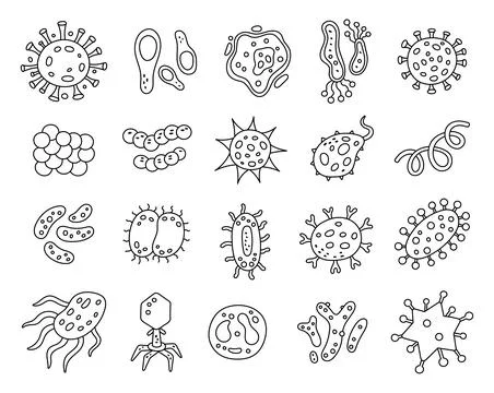 Microscopic virus form set in outline line art Stock Illustration