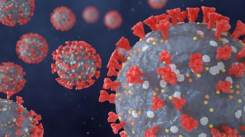 Microscopic visualization of Coronavirus particles - 3D render Stock Illustration
