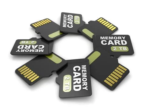MicroSD memory cards, front and back view 2 TB. Circular arrangement. 3D Ilustración de archivo