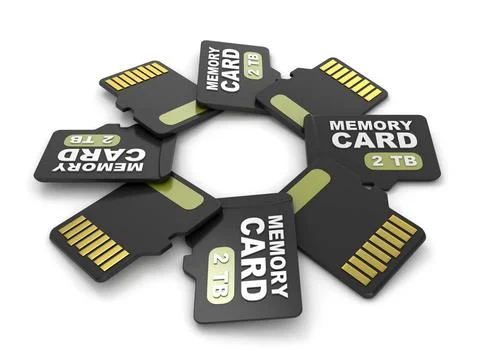 MicroSD memory cards, front and back view 2 TB. Circular arrangement. 3D M... Stock Photos