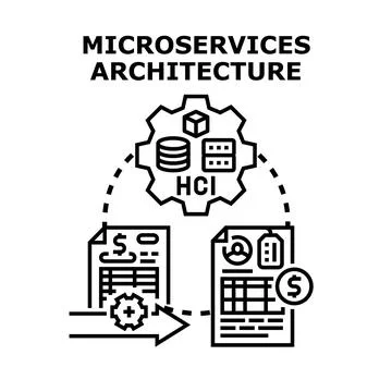 Microservices architecture connecting business processes and data management Stock Illustration