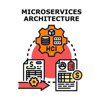 Microservices architecture connecting business processes and data management Stock Illustration