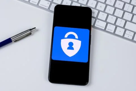 Microsoft Authenticator app logo on a smartphone screen Stock Photos
