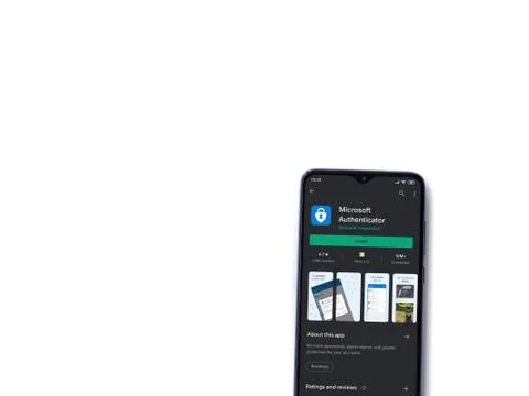 Microsoft Authenticator app play store page on the display of a black mobile  Stock Photos