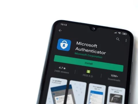 Microsoft Authenticator app play store page on the display of a black mobile  Stock Photos