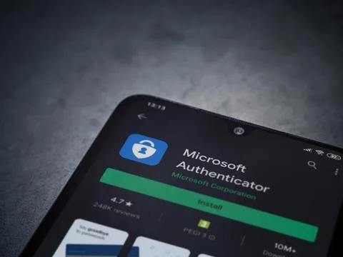 Microsoft Authenticator app play store page on the display of a black mobile  Stock Photos