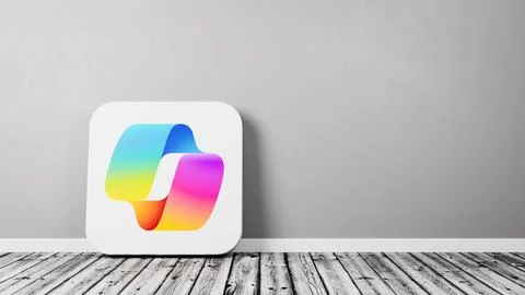 Microsoft Copilot App Icon on Wooden Floor Against Wall Illustrazione stock