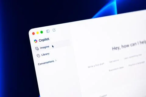 Microsoft Copilot interface on a computer screen showing generative AI menu Stock-Fotos