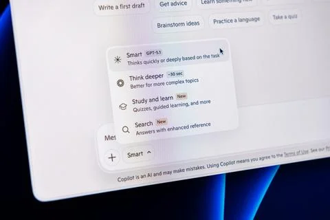 Microsoft Copilot interface showing AI model selection menu for advanced Stock Photos
