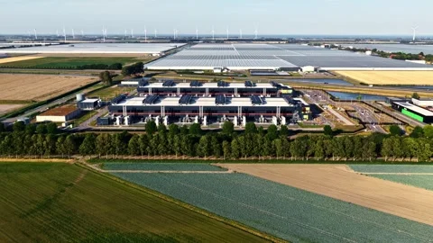 Microsoft data center campus surrounded by farmland and wind turbines Stock Footage 346581703