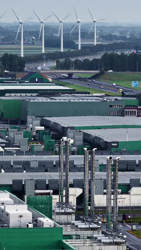 Microsoft data center with wind turbines and highway traffic in Middenmeer Stock Footage 344521348