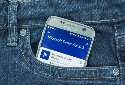 Microsoft Dynamics 365 mobile application on screen of Samsung Stock Photos