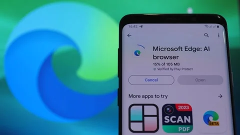 The Microsoft Edge browser mobile application is installed on your smartpho.. Stock Footage 265137242