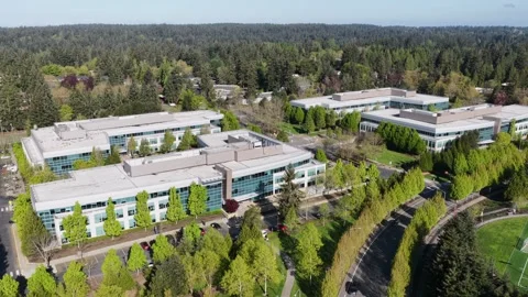 Microsoft headquarters campus with glass office buildings, soccer field and Video stock 337053272