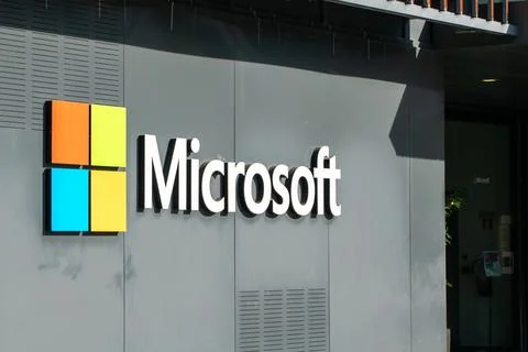 Microsoft logo and text sign of Microsoft office company Stock Photos