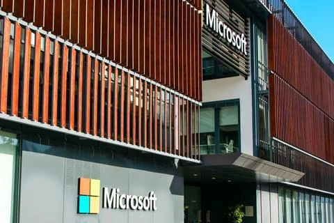 Microsoft logo and text sign of Microsoft company office, Lisbon Stock Photos