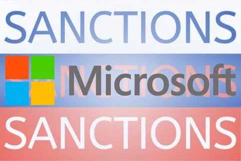 Microsoft logo in front of the Russian flag. Sanctions against Russia over its Stock Illustration