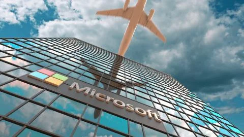 Microsoft logo on a modern skyscraper reflecting clouds and flying airplane Stock Illustration