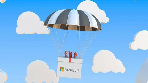 MICROSOFT logo on moving box moves under parachute. Editorial loopable 3D Stock Footage 122771972