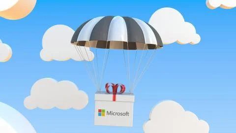 MICROSOFT logo on moving box moves under parachute. Editorial 3D rendering Stock-Illustration