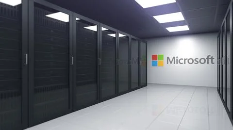 MICROSOFT logo in the server room, editorial 3D rendering 스톡 일러스트