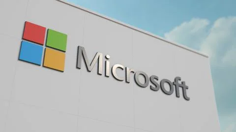 Microsoft logo on the wall. Editorial 3D rendering 스톡 일러스트