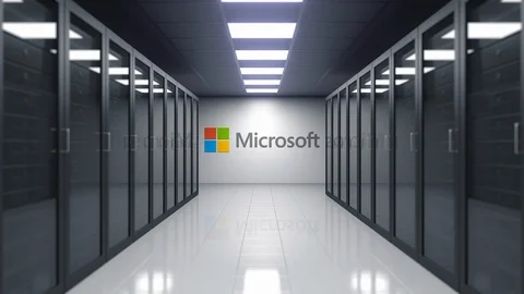 Microsoft logo on the wall of the server room. Editorial 3D animation Video stock 89702468