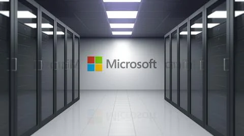 Microsoft logo on the wall of the server room. Editorial 3D rendering Stock Illustration