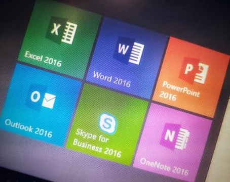Microsoft Office suite icons on a computer screen from windows 10 start menu Stock Photos