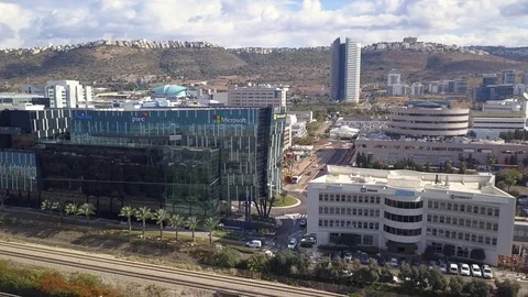 Microsoft, Plus 500, PWC building in Haifa high tech zone. Stock Footage 121664545