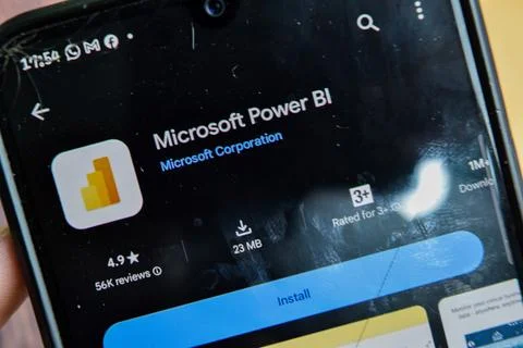 Microsoft Power BI application on Smartphone screen. Power BI is a freeware. Photos
