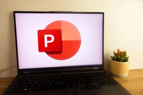 Microsoft PowerPoint presentation program logo on laptop Stock Photos