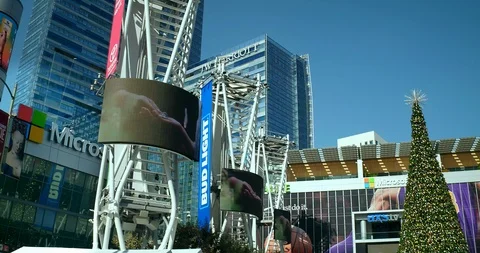 Microsoft Square, Ritz Hotel, billboards at Christmas at L.A. LIVE, Los Angeles Stock Footage 99444514